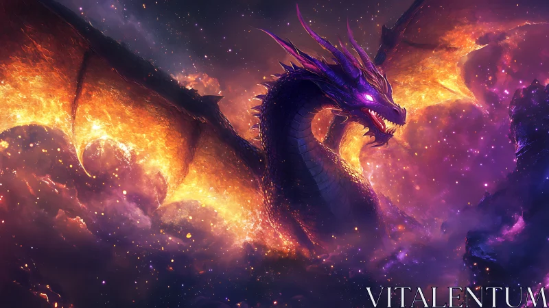 Cosmic fire dragon emerging from radiant nebula sky.