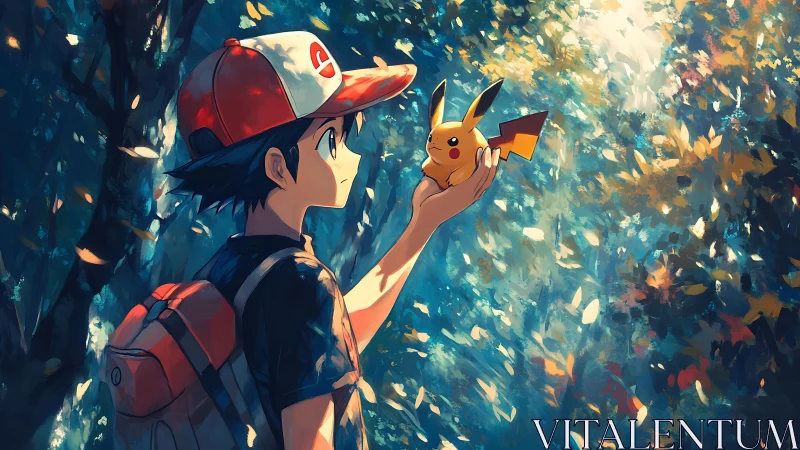 Anime trainer studies Pikachu under dappled forest light