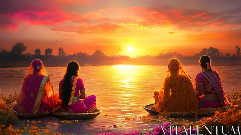 Four Women in Traditional Sarees Watching River Sunset, Vibrant Art.