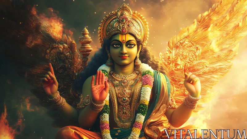 Radiant winged deity sits in golden light with calm blessing