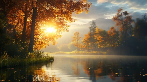 Golden autumn sunrise over tranquil reflective lake waters.