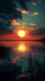 Sunset globe melts into a glassy lake of quiet flame