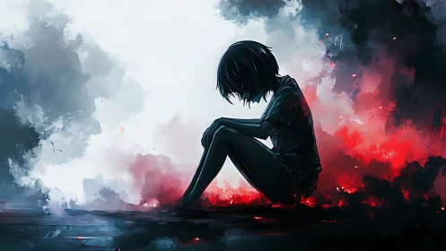 Silhouetted anime figure in high contrast chromatic smoke field.