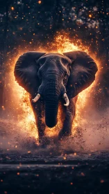 Fiery Elephant Charge in High-Contrast Cinematic Digital Painting.
