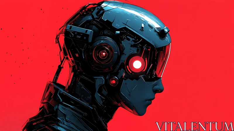 Side profile of armored humanoid cyborg against red field.
