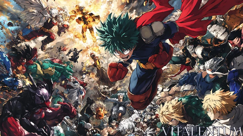 Heroic anime squad launches explosive skyward battle charge.