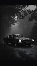 Midnight drive with a classic car in misty forest light.