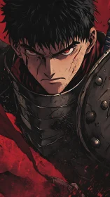 Brooding warrior in blood-red storm pauses before battle.