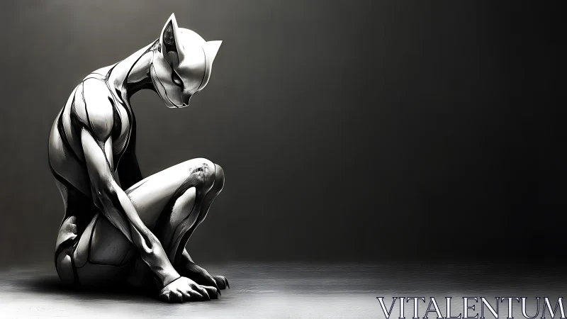 Chrome feline android kneels in high-contrast directional lighting