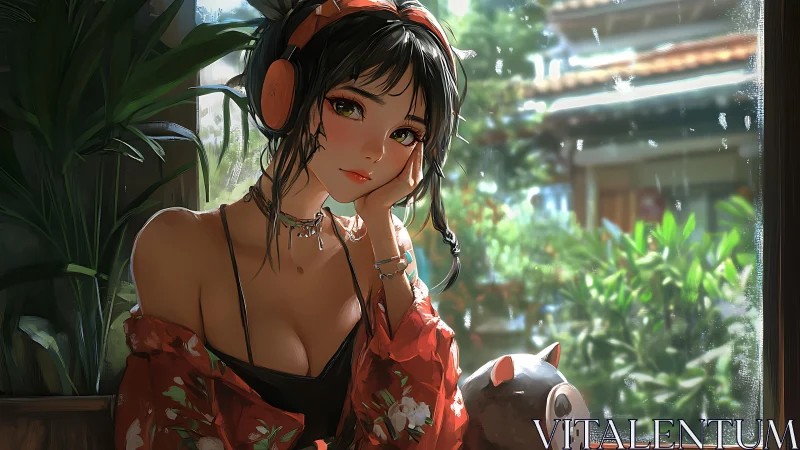 Seated young woman with headphones beside rainy window view.