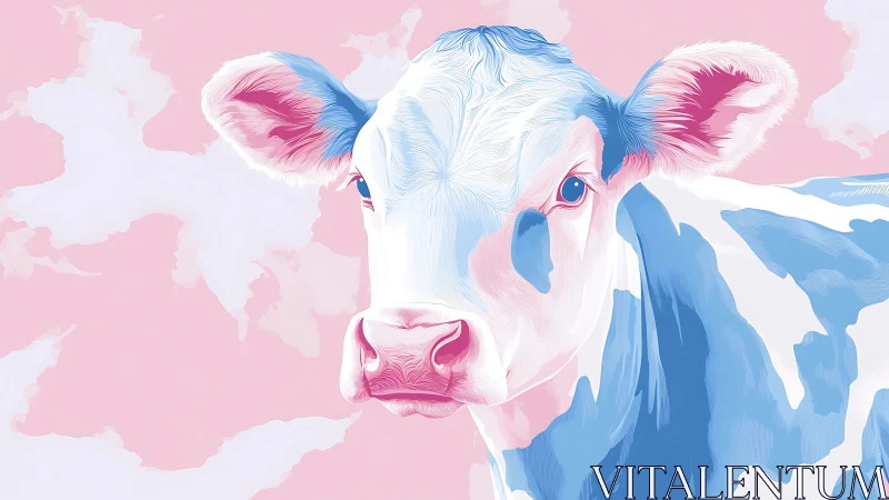 Pastel blue cow gazes softly against dreamy pink sky.