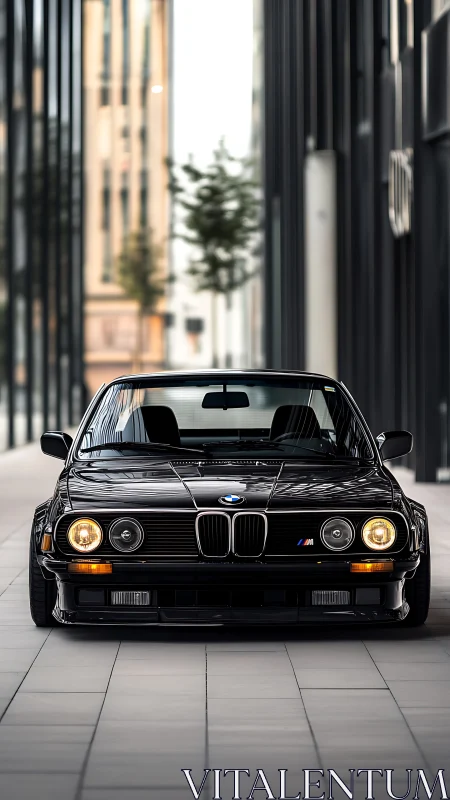 Classic black sports sedan aligned in modern city corridor.