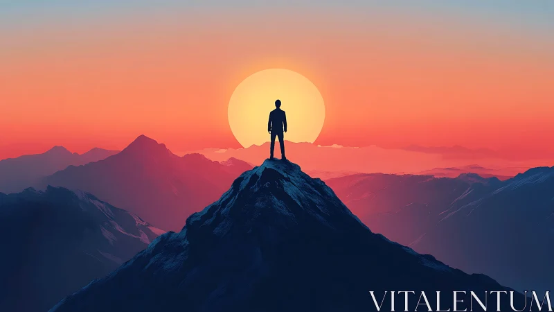 Silhouette stands atop summit under blazing sunset sun.