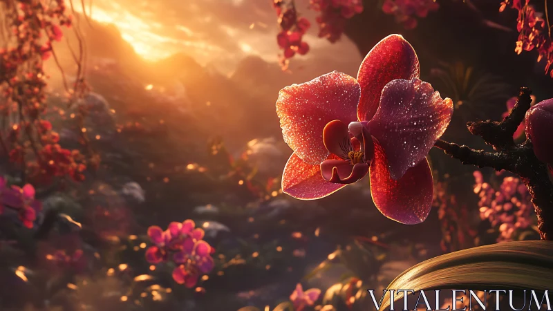 Cinematic 3D orchid macro in glowing dusk rainforest light.