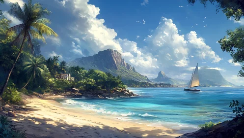 Tropical Coastal Paradise: Digital Rendering of Pristine Shoreline with Mountainous Backdrop.
