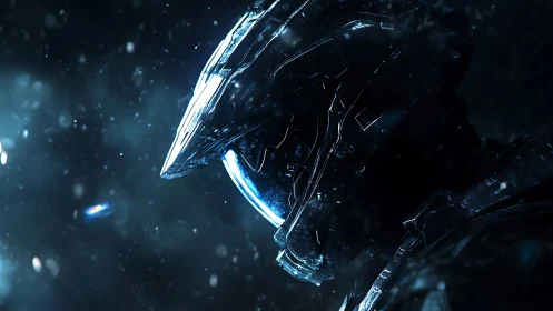 Armored sci fi helmet in deep shadow with specular highlights