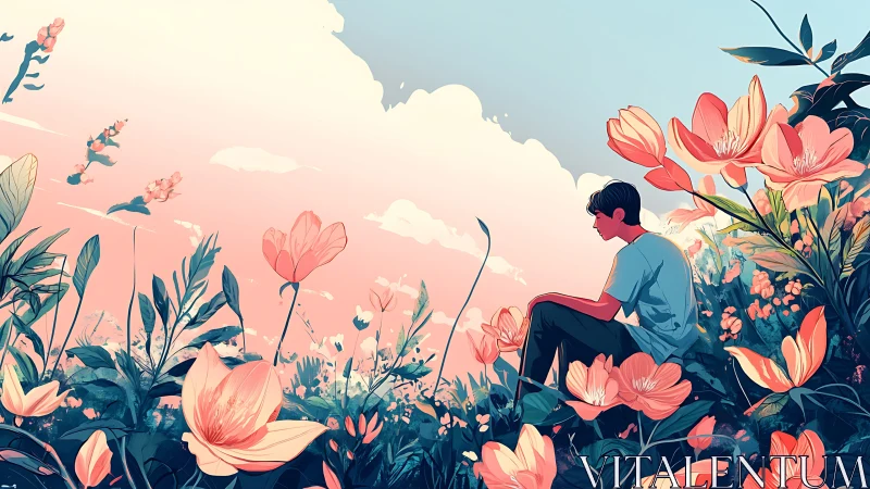 Solitary figure among glowing flowers under pastel sky.