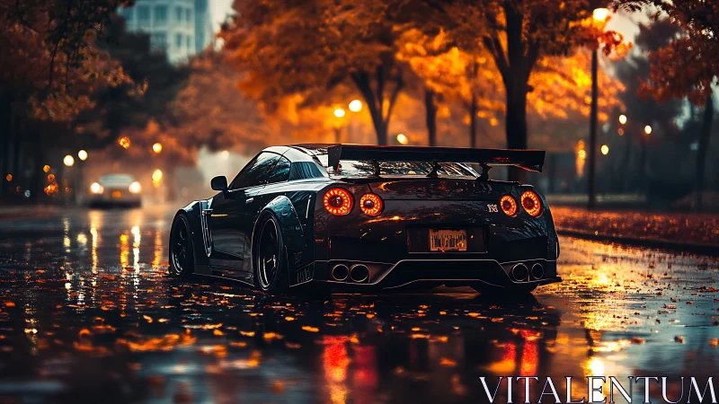 Modified sports car glows against wet autumn city street