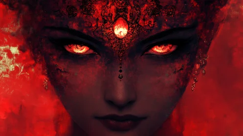 Fiery red-eyed female face dominates a dark textured frame