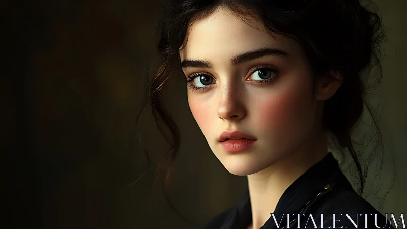 Cinematic digital portrait of young woman in soft chiaroscuro.