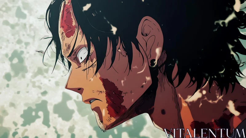 Battle worn anime hero holding fierce, unbroken resolve.