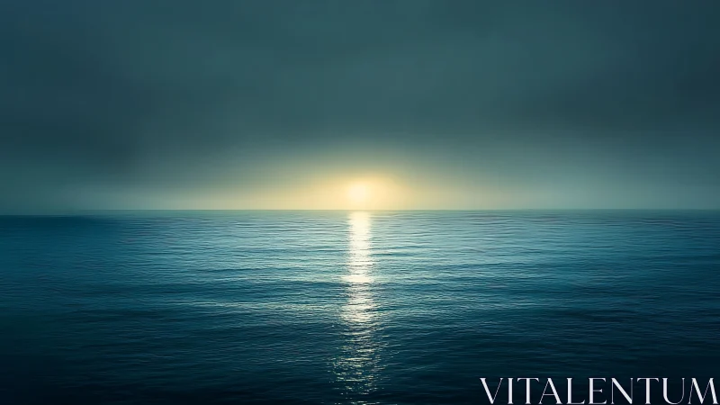 Calm ocean horizon with distant sun over teal water.