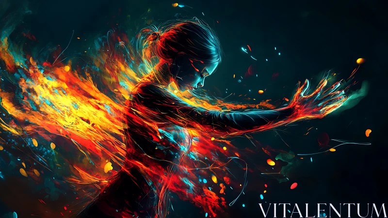 Fiery elemental woman unleashes radiant energy in motion.