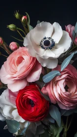 White Anemone and Pink Ranunculus Floral Arrangement.