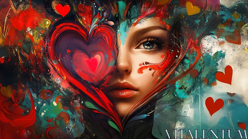 Portrait of Woman with Heart Motifs in Vibrant Abstraction.