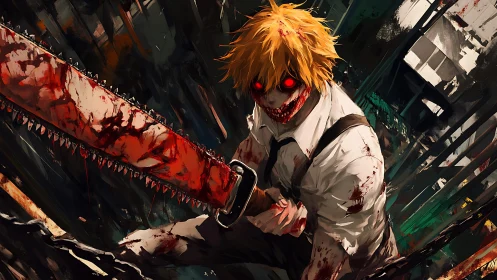 Chainsaw-headed demon hunter charges through blood-soaked wreckage