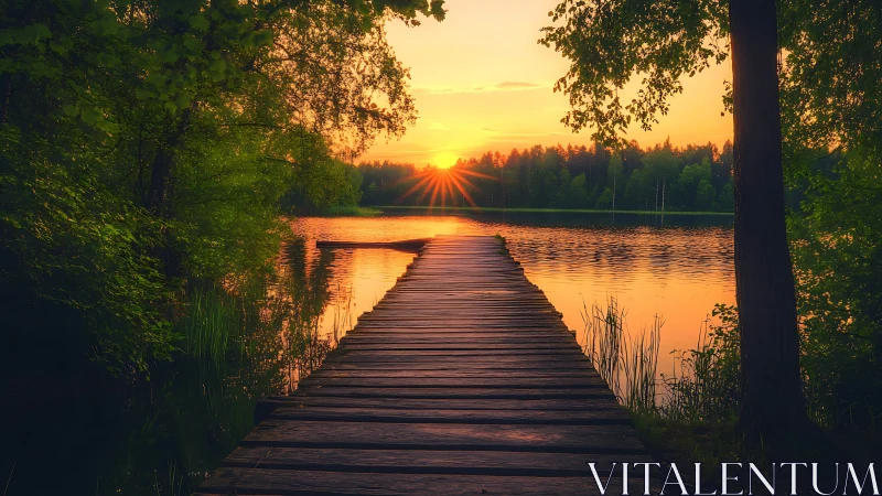 Wooden lake pier under glowing forest sunset light.