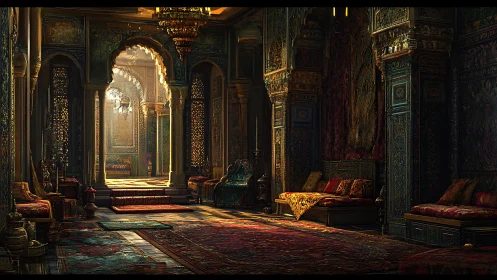 Intricately illuminated palatial hall with ornate Moorish arches.