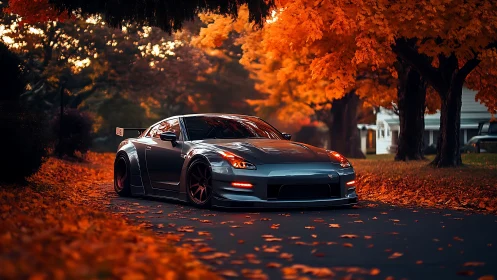 Sleek sports car glides through a cozy tunnel of autumn color