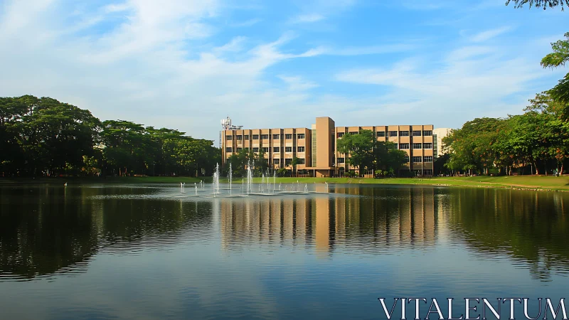 Modern academic block reflected in landscaped campus lake surface