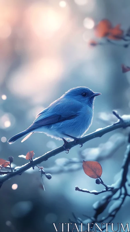 Azure songbird perches amid frost-kissed branches in winter's glow.
