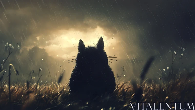 Silhouetted cat watches stormlit field under driving rain.