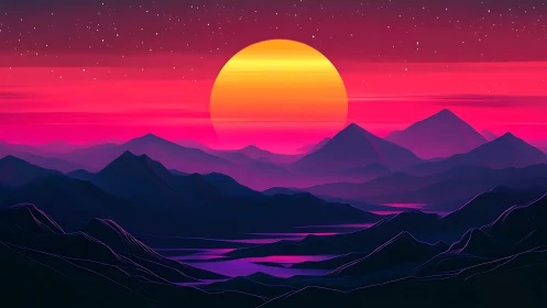 Neon dusk mountains under oversized sun and starry sky.