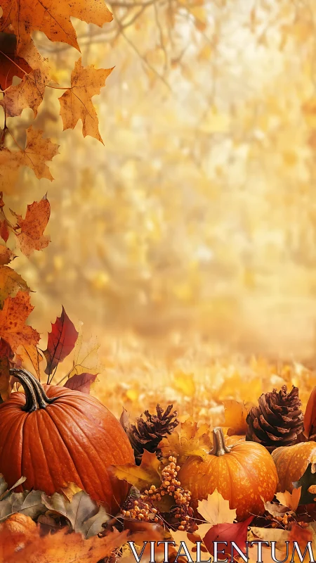 Autumn still life arranges pumpkins, leaves and cones in warm bokeh