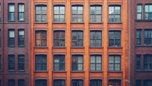 Symmetrical red brick facade with grid of urban windows.