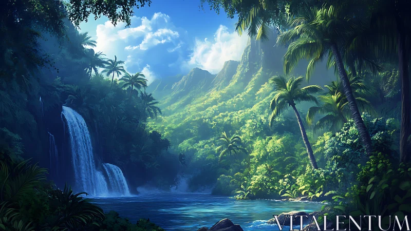 Tropical waterfall and dense jungle valley under daylight.