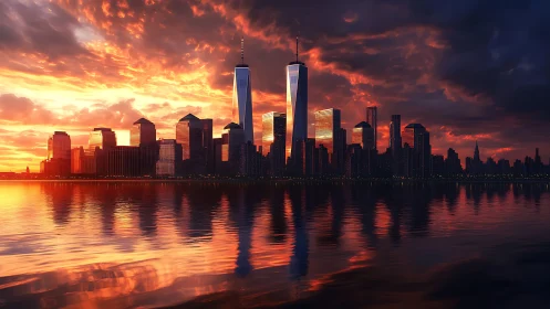 Urban waterfront skyline under dense sunset cloud cover.