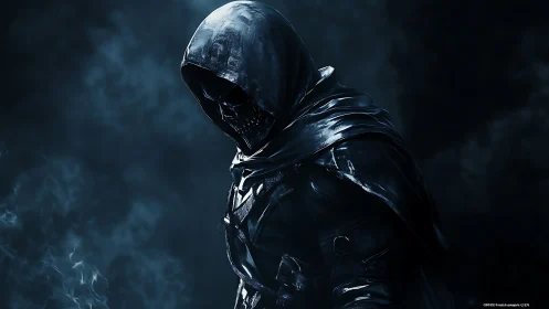 Hooded skull figure in dark smoky environment at night.