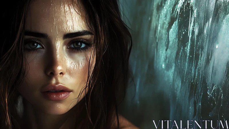 Softly lit portrait with rain-kissed skin and steady gaze.