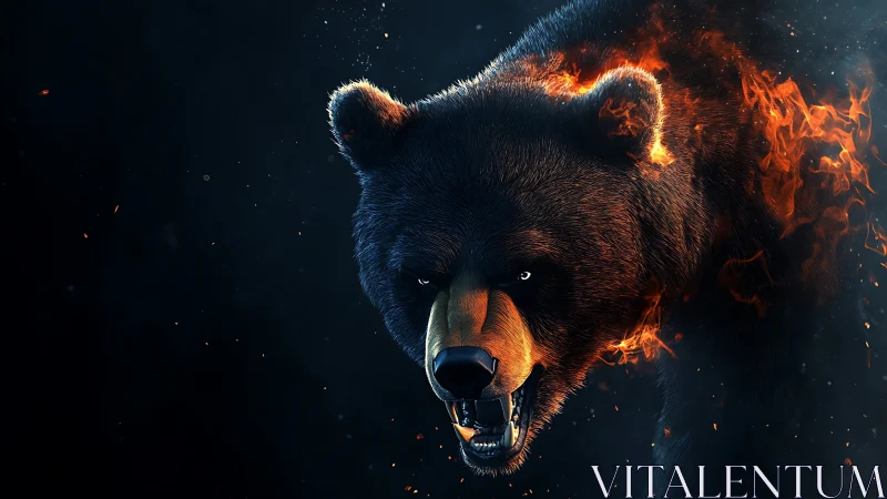 Fire-wreathed bear charges through darkness, embers blazing.