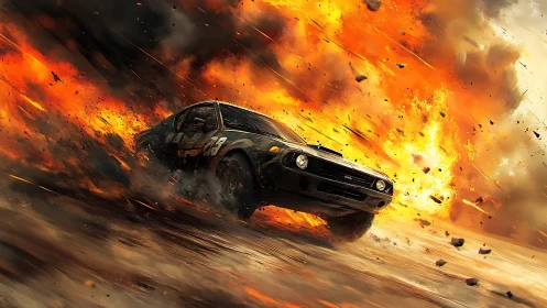 Racing car in front of large explosion on dirt landscape.