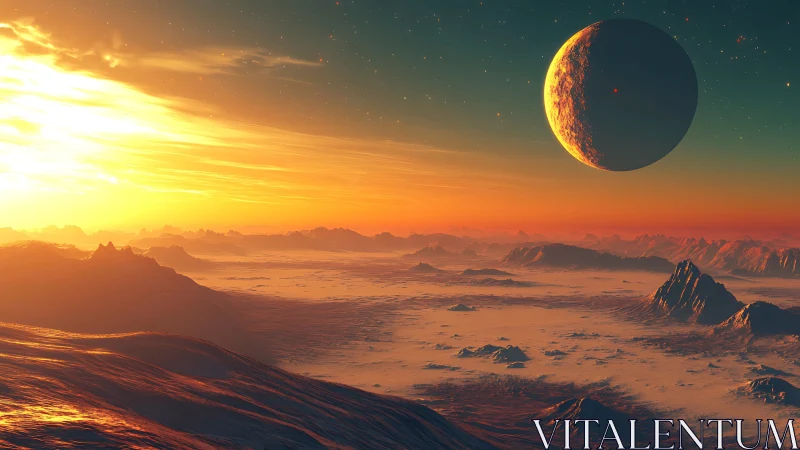 Radiant exoplanetary sunrise over stratified glacial basin terrain