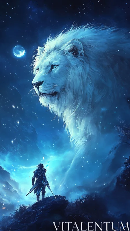 Lunar spectral lion avatar supervising lone swordsman ascent.