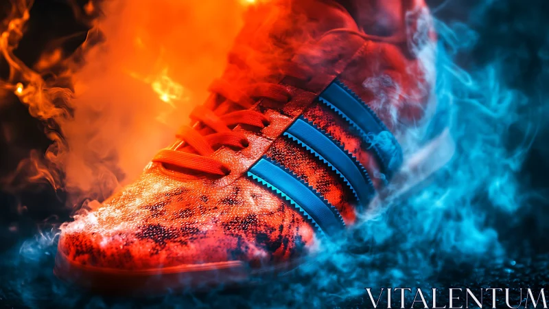 Fiery orange sneaker framed by blue smoke on dark ground.