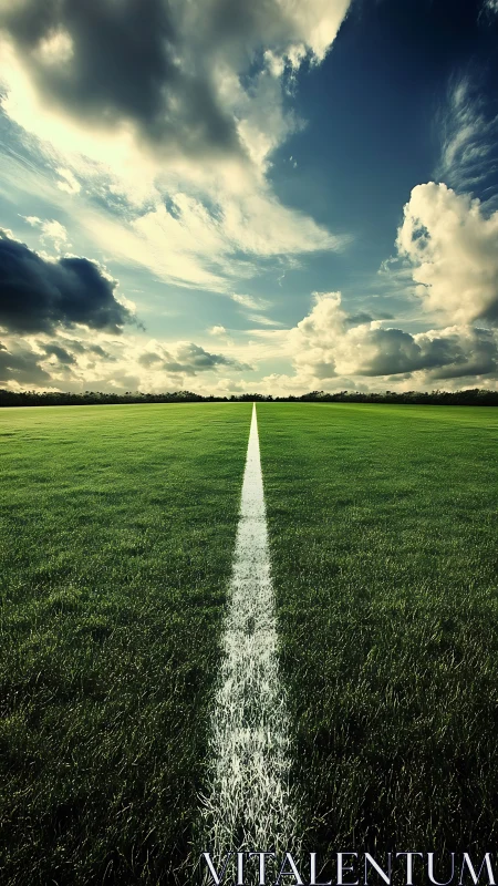Straight white field line across grass under clouded sky.