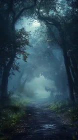 Mystical Forest Path Through Misty Woodland Canopy